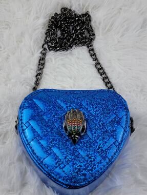 Heart Designer Mini Purse Blue Metallic Crossbody 24 Chain Zip Small Bag Eagle